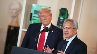 WASHINGTON, DC - APRIL 30: U.S. President Donald Trump (L) listens as Nvidia CEO Jensen Huang speaks in the Cross Hall of the White House during an event on "Investing in America" on April 30, 2025 in Washington, DC. Trump was joined by CEOs to highlight companies and their investments in the United States during the event. (Photo by Andrew Harnik/Getty Images)