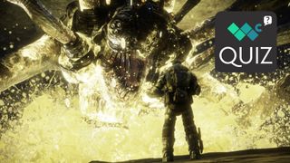 A Corpser in Gears of War, leaping in front of a man with a box in the upper-right corner that says "Quiz"