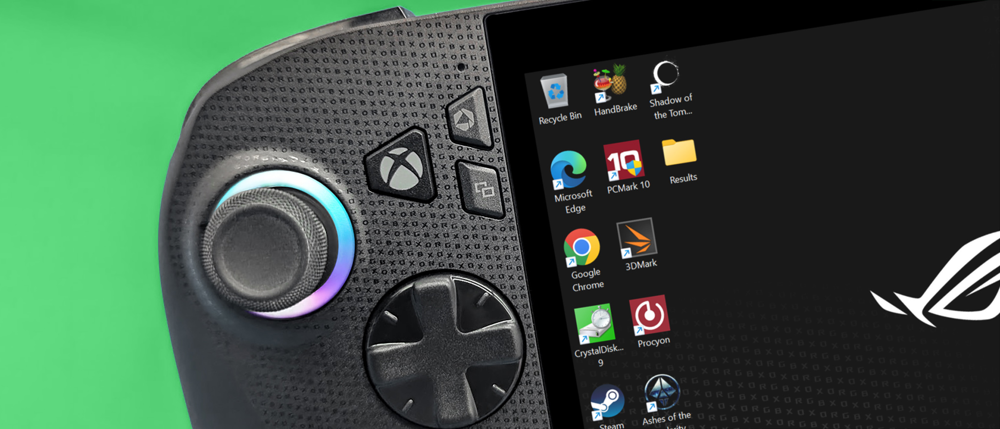 A closeup of the Xbox Ally X's Xbox button, D-Pad, and left joystick. 