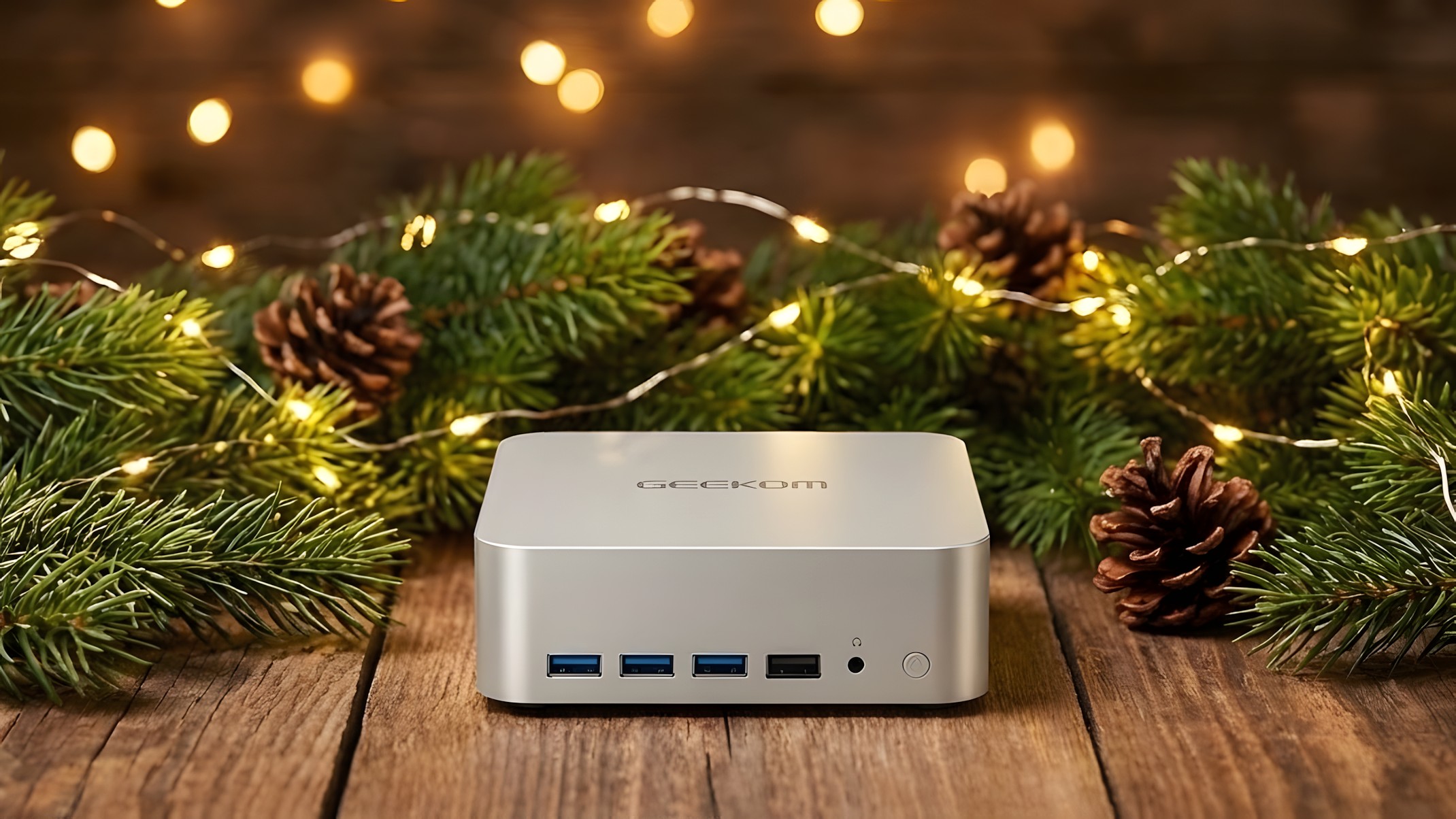 Geekom A9 Max front view surrounded by Christmas pines, pine cones, and lights. 