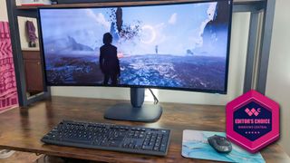 Alienware AW3425DW QD-OLED Gaming monitor displaying Clair Obscur: Expedition 33. There is also a badge on the right side of the image that says "Windows Central Editor's Choice." 