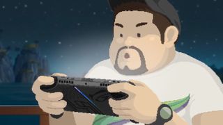 Dave the Diver holding an Xbox Ally X. 