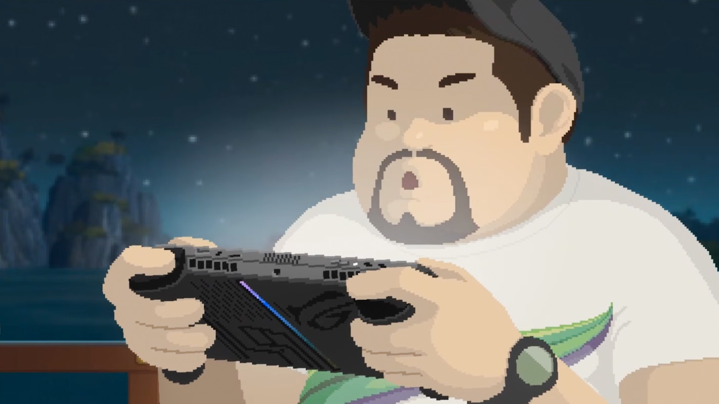 Dave the Diver holding an Xbox Ally X. 