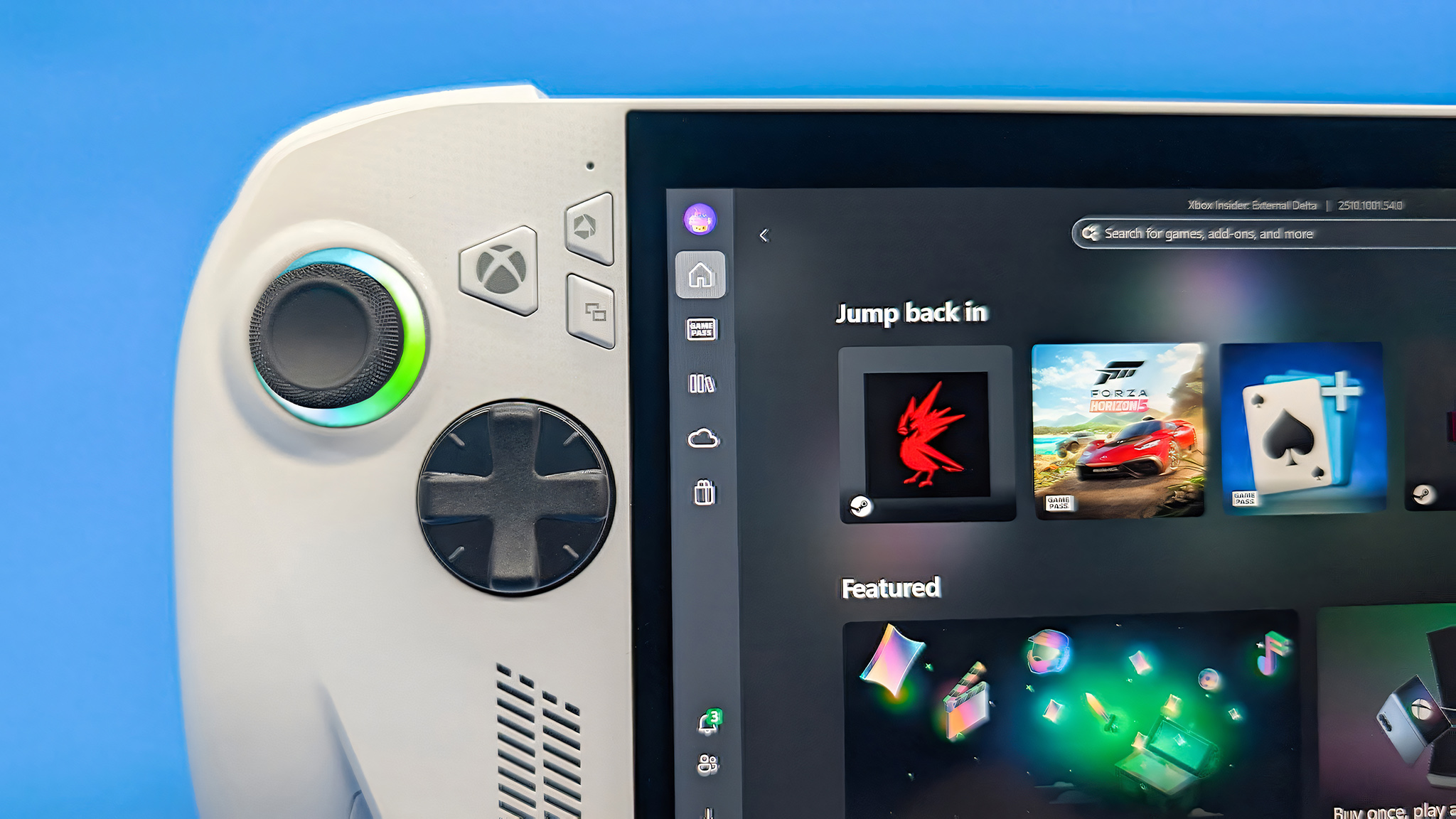 A closeup of the Xbox Ally's Xbox button, D-pad, and joystick.