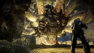 Marcus shooting at a Corpser in Gears of War: Reloaded