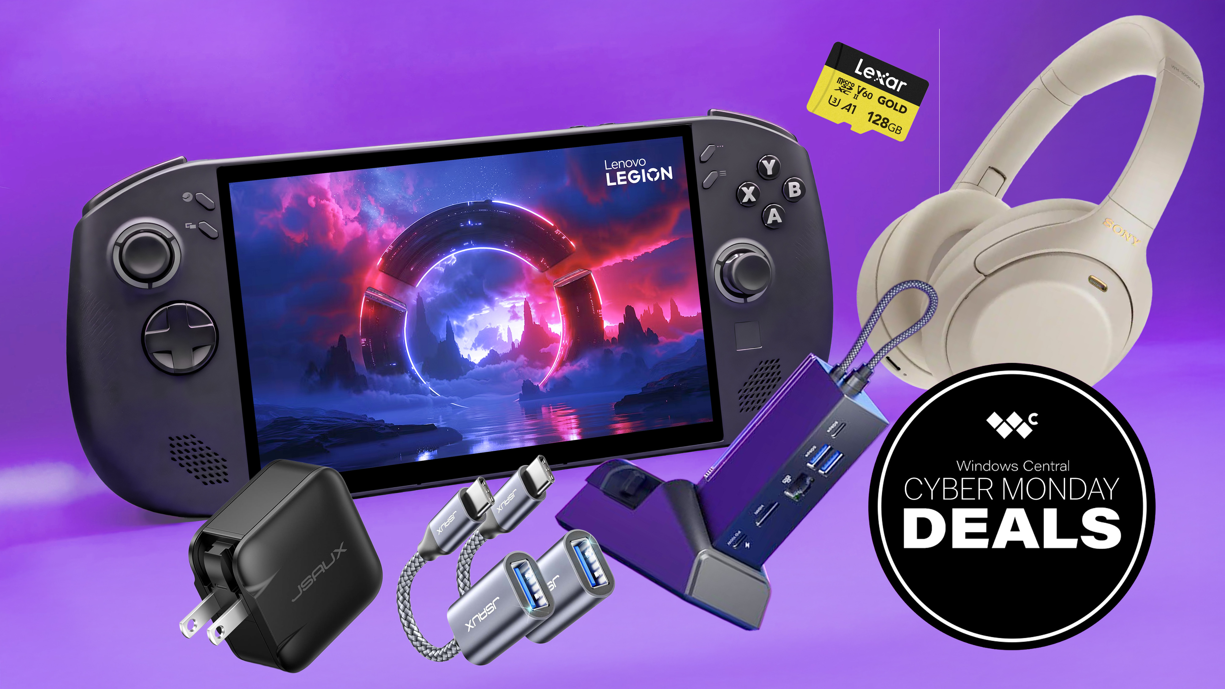 Legion Go S (SteamOS) handheld with Sony headphones, JSAUX docking station, JSAUX adapters, and a JSAUX wall charger.