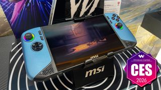 The MSI Claw A8 AI+ Glacier Blue Edition at its display during CES 2026. A graphic in the bottom right corner says "windows phone corner CES 2026."