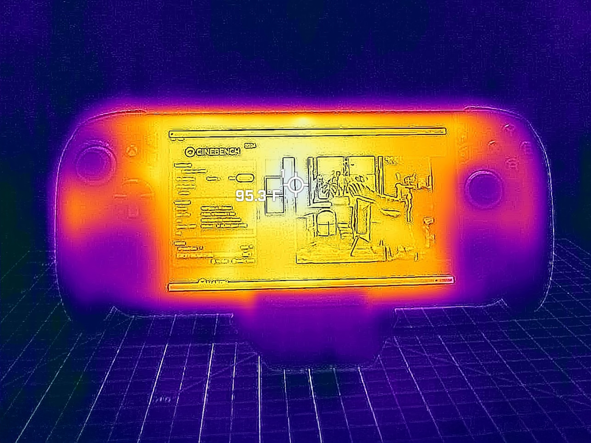 A picture taken with a thermal camera that shows that the ROG Xbox Ally X's screen reaches  at 95 degrees F. 